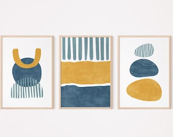 Mid century wall art set of 3 prints, Navy blue and mustard yellow 3 piece wall art, Modern geometric wall art printable, Indigo prints