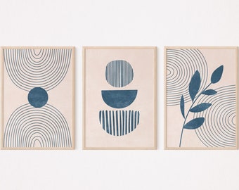 Mid century modern wall art set of 3 prints, Navy blue 3 piece wall art, Abstract rainbow Boho wall decor, Geometric printable wall art