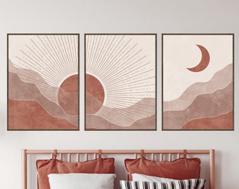 Sun and moon wall art set of 3 prints, Terracotta decor, Modern boho wall art, Abstract mountains printable poster, Above bed art