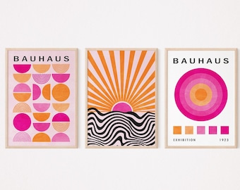 Trendy wall art set of 3 prints, Hot pink and orange wall art, Bauhaus print, Abstract sun wall art, Geometric exhibition poster Printable