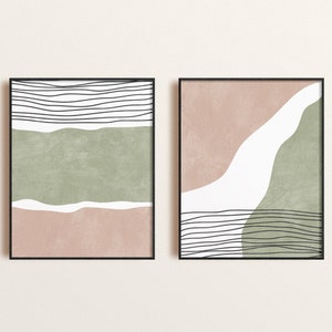 Sage green and blush pink wall art, set of 2 prints, Mid Century modern art, Abstract lines wall art, Geometric printable art