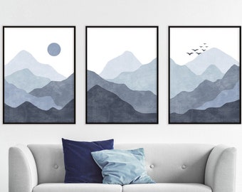Blue mountains wall art set of 3 prints, Navy blue abstract landscape, Mid Century modern wall art, Digital download prints