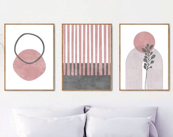 Mid century wall art set of 3 prints, Blush pink wall art, Grey abstract geometric 3 piece wall art, Neutral decor