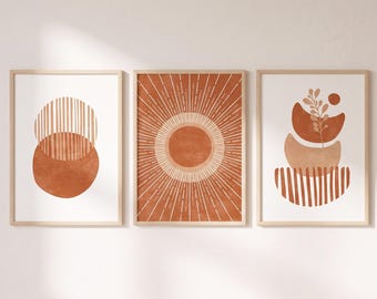 Burnt Orange Wall Art Set of 3, Boho Sun and Botanical Geometric Prints, Terracotta Digital Download