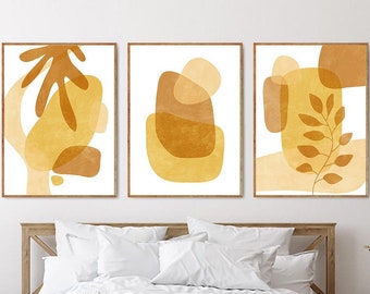 Boho wall art set of 3, Abstract geometric prints with floral, Modern brown and yellow wall art, Earth tone printable wall art