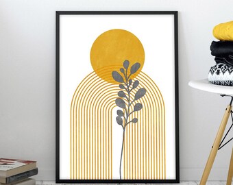 Mid century modern wall art, Mustard yellow art print, Abstract leaf wall art, Yellow and gray print, Geometric printable wall decor