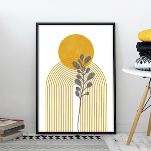 Mid century modern wall art, Mustard yellow art print, Abstract leaf wall art, Yellow and gray print, Geometric printable wall decor
