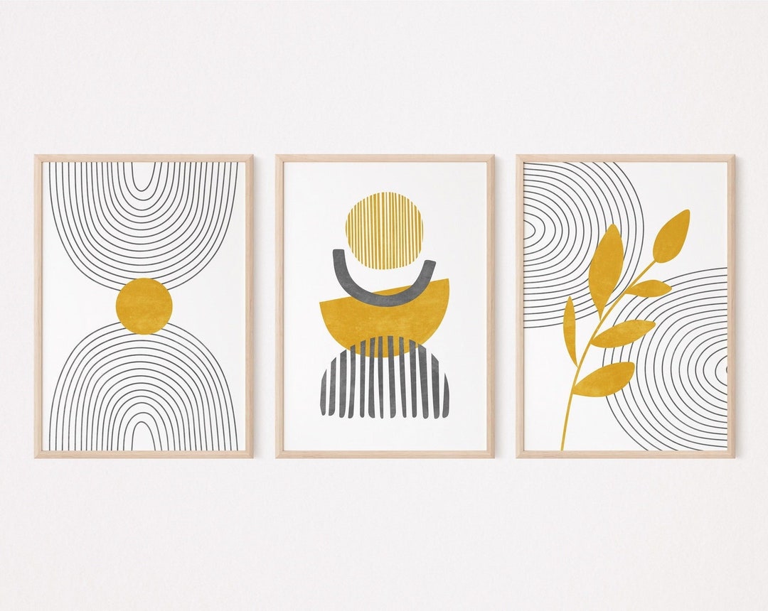 Mid Century Modern Wall Art Set of 3 Prints, Mustard Yellow Wall Art