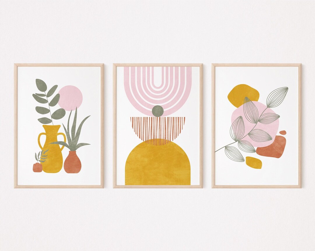 Modern Boho Wall Art Set of 3 Prints, Abstract Floral Wall Art, Blush ...