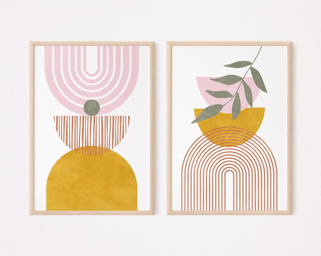 Mid Century Modern Wall Art Set of 2 Prints, Blush Pink and Mustard ...