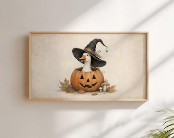 Vintage Autumn Samsung Frame TV Art, Halloween Silly Goose in Pumpkin, Whimsical Fall Decor