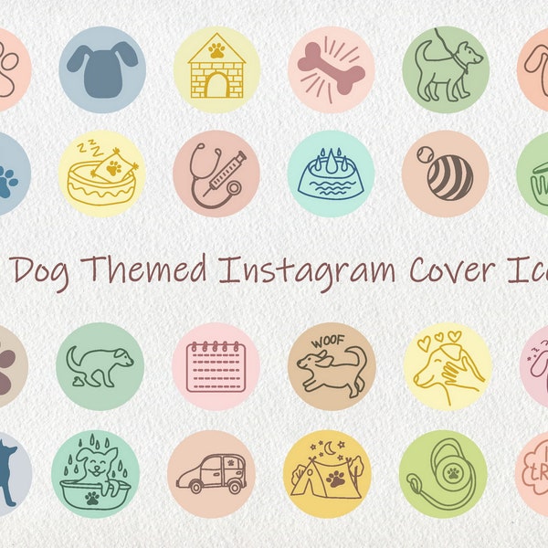 Dog Instagram highlight icons, Pastel instagram story icons, Highlight covers for pet Instagram, Neutral colorful dogs line art
