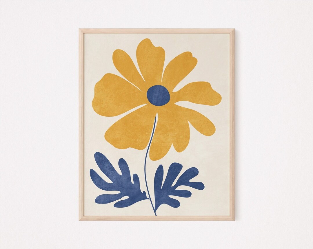 Trendy Wall Art Print, Abstract Floral, Mustard Yellow and Blue Wall ...