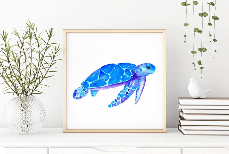 Watercolor sea turtle wall art Blue nautical print Bathroom Etsy