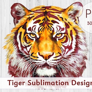 Tiger sublimation design, Watercolor orange and maroon tiger mascot art, Tiger head clipart, Png file for sublimation