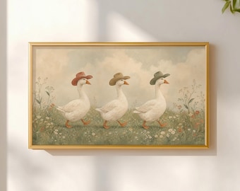 Silly Cowboy Goose Frame TV Art For Samsung, Whimsical Western Farmhouse Decor, Wildflower Meadow