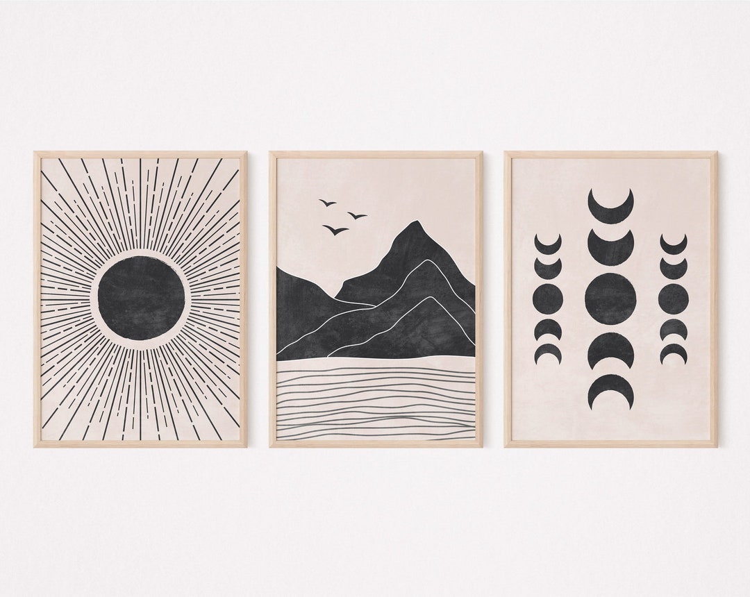 Boho Wall Art Set of 3 Prints, Sun and Moon Wall Art, Modern Black and ...