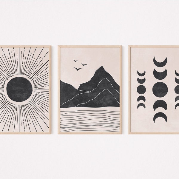 Boho wall art set of 3 prints, Sun and moon wall art, Modern black and beige wall art, Abstract mountain, Moon phases downloadable prints