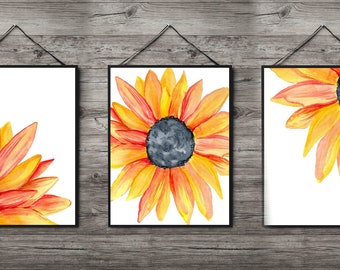 Watercolor sunflower print, Set of 3 posters, Sunflowers 3 piece wall art for home decor, Printable botanical hand painted illustration