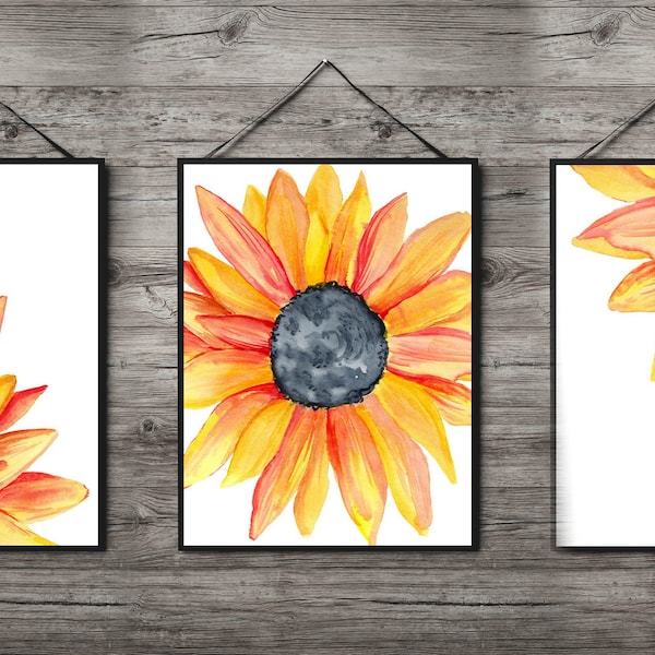 Watercolor sunflower print, Set of 3 posters, Sunflowers 3 piece wall art for home decor, Printable botanical hand painted illustration