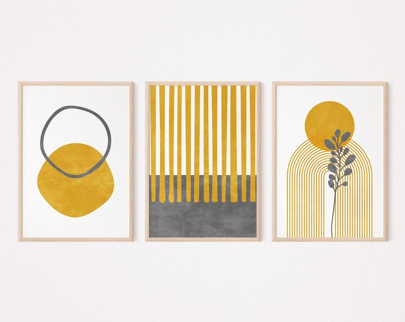 Mid century wall art set of 3 prints, Mustard and grey Geometric abstract wall art, Trendy yellow wall art, Modern floral printable art image 1