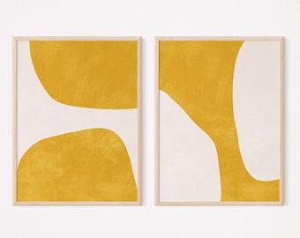 Mustard Yellow Abstract Wall Art Set of 2, Mid Century Modern Printable Poster, Organic Shapes Boho Decor
