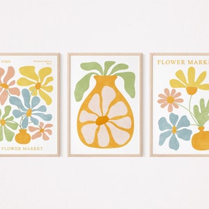 Flower market print set of 3, Abstract floral boho wall art, Vase with flowers trendy wall art, Yellow and blue exhibition poster Printable
