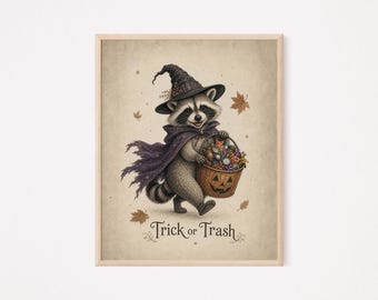 Witch Raccoon Halloween Poster, Trick or Trash Print, Vintage Spooky Animal Wall Art, Printable