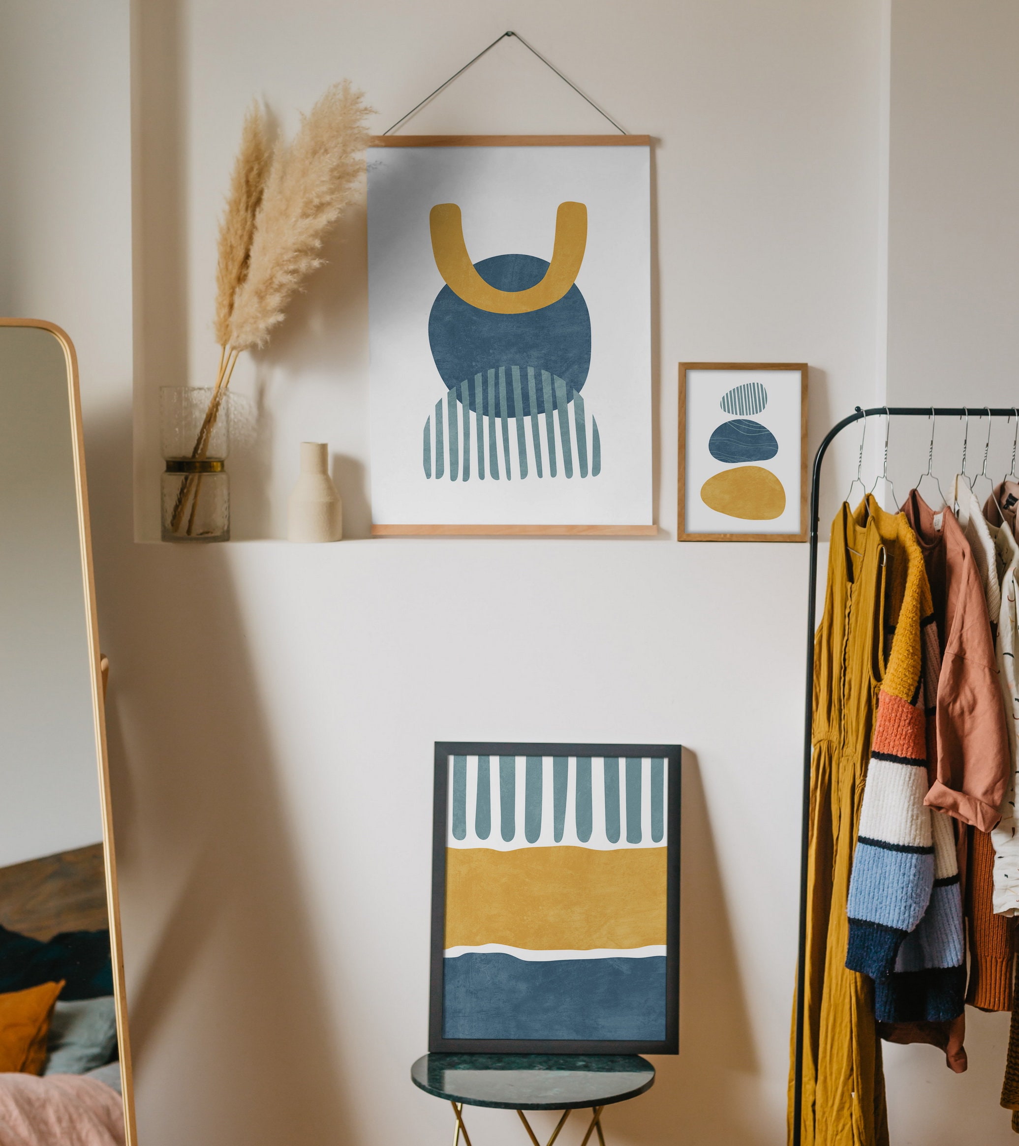 Mid Century Wall Art Set of 3 Prints, Navy Blue and Mustard Yellow 3 ...