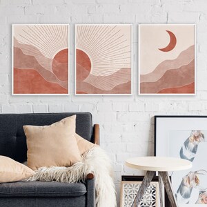 Sun and Moon Wall Art Set of 3 Prints, Terracotta Decor, Modern Boho ...