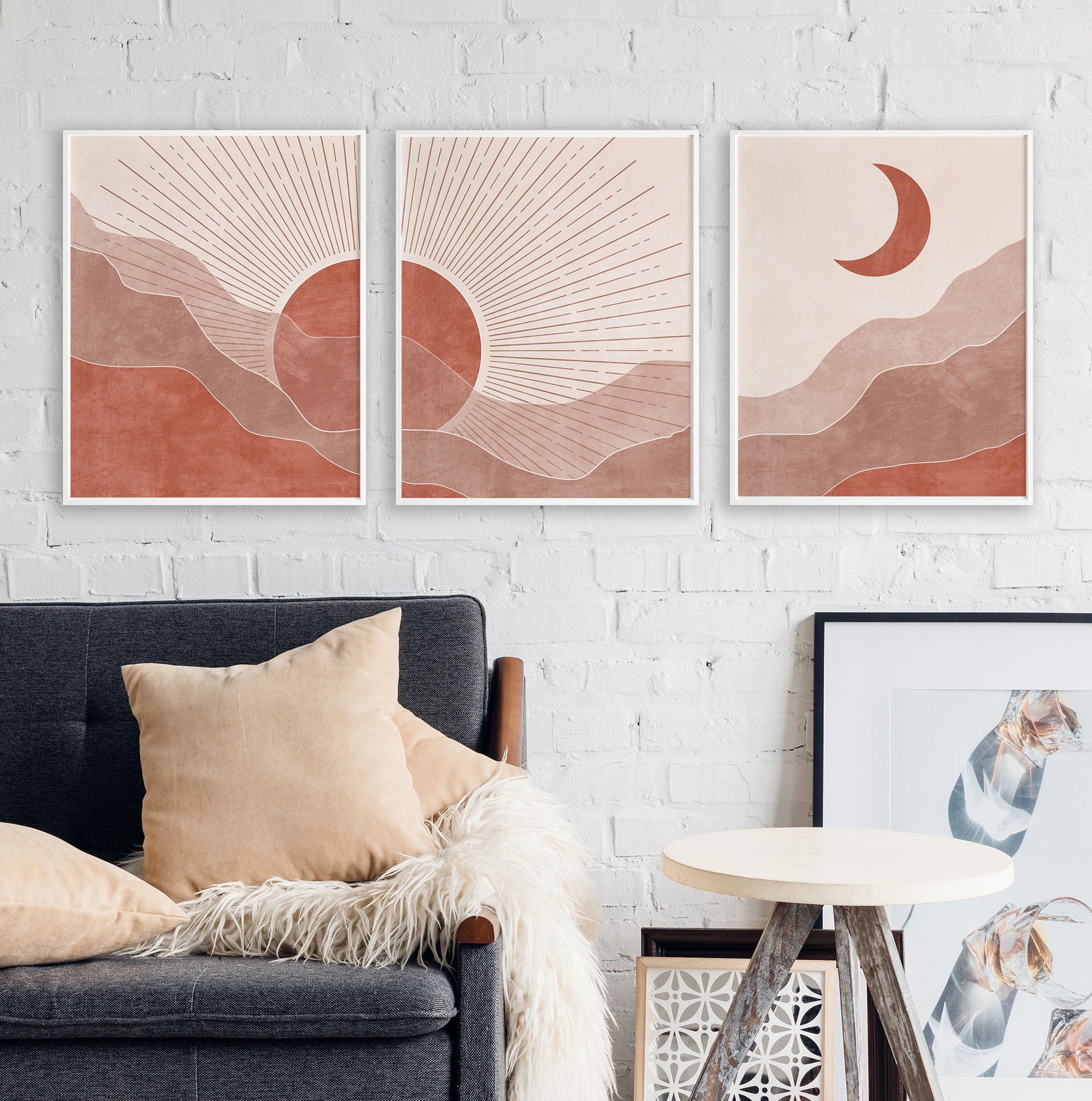 Sun and moon wall art set of 3 prints Terracotta decor | Etsy