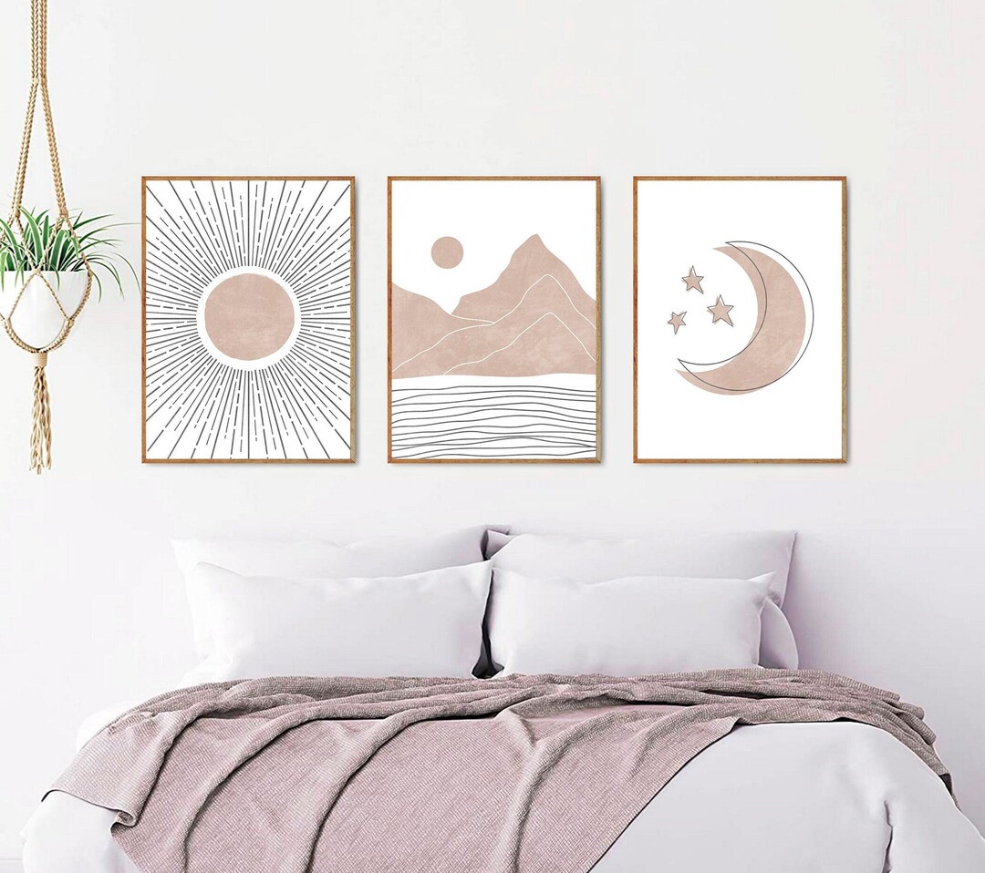 Blush Pink Wall Art Set of 3 Prints, Modern Boho Wall Art, Sun and Moon ...