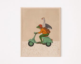 Funny Frog and Goose Riding Scooter Art Print, Whimsical Wall Art, Quirky Animal Nursery Decor
