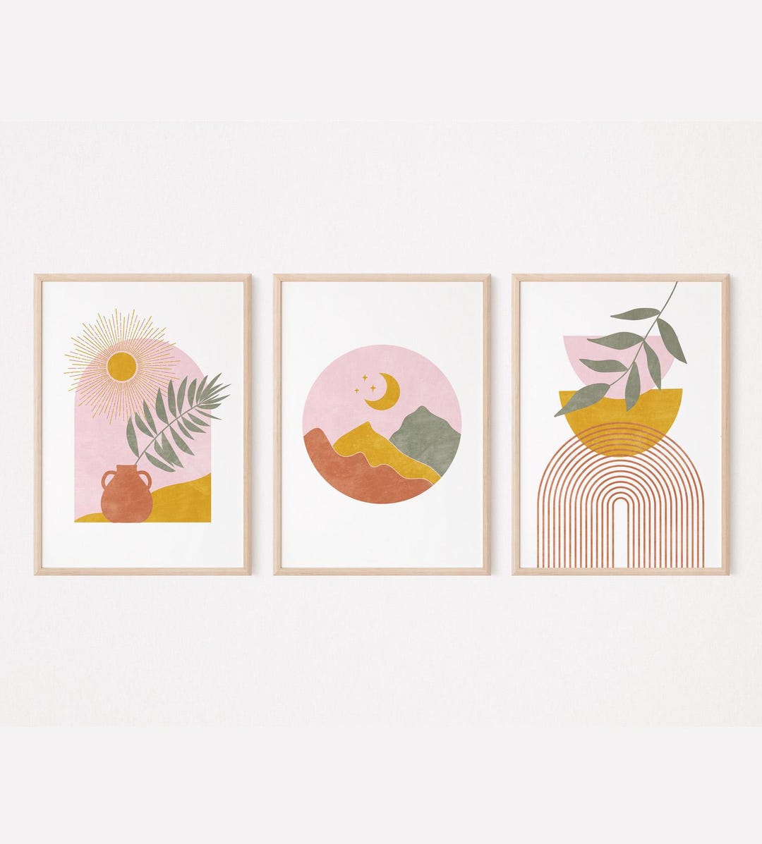 Sun and Moon Wall Art Set of 3 Prints, Boho Arch Wall Decor, Blush Pink ...