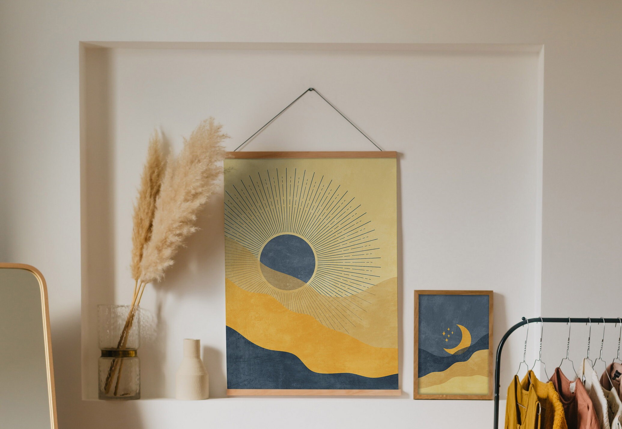 Boho Sun and Moon Wall Art Set of 2 Prints, Navy Blue and Mustard ...