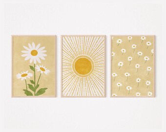 Boho Daisy Wall Art Set of 3, Retro Mustard Yellow Sunburst, Printable