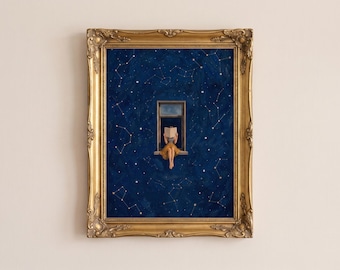 Whimsical Woman Reading Celestial Wall Art, Reading Nook Decor, Starry Night Sky Constellation Print