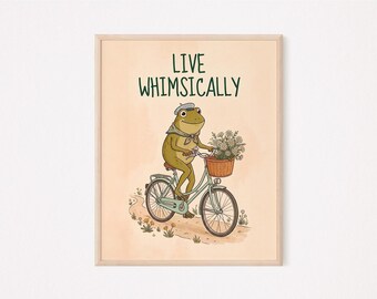 Whimsical Frog on Bicycle Wall Art, Live Whimsically Quote Print, Cottagecore Animal Decor