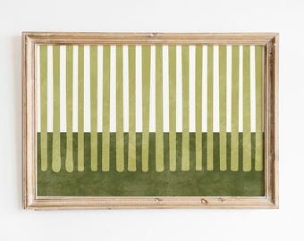Mid Century Modern Wall Art Horizontal, Olive Green Striped Abstract Print