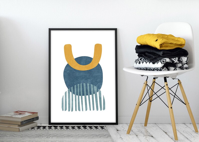 Mid Century Modern Wall Art Yellow and Blue Print Geometric Etsy