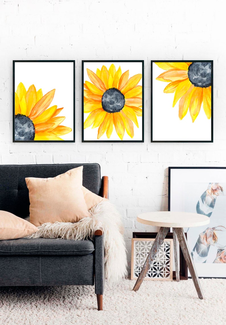 Watercolor sunflower print, Set of 3 posters, Yellow flowers 3 piece wall art, Sunflower decor, Printable botanical illustration 