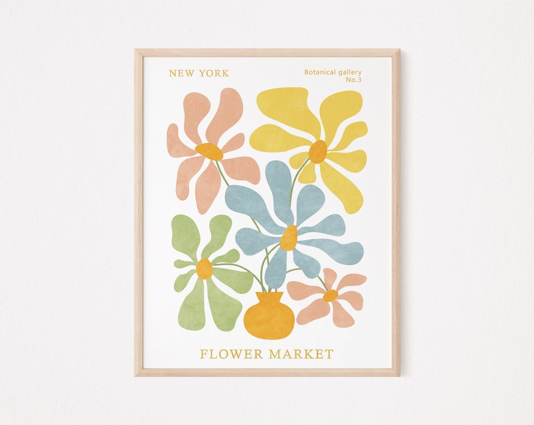 Flower Market Print, Yellow, Green and Blue Wall Art, Abstract Flowers ...