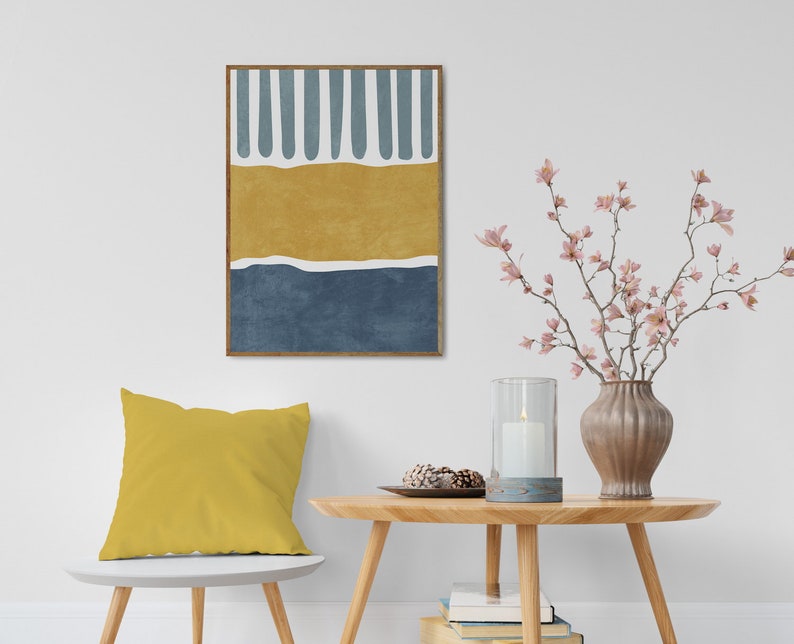 Mid Century Wall Art Yellow and Blue Print Colorful Wall Etsy