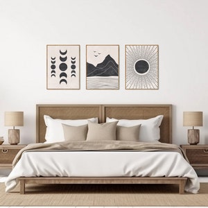 Boho Wall Art Set of 3 Prints, Sun and Moon Wall Art, Modern Black and ...