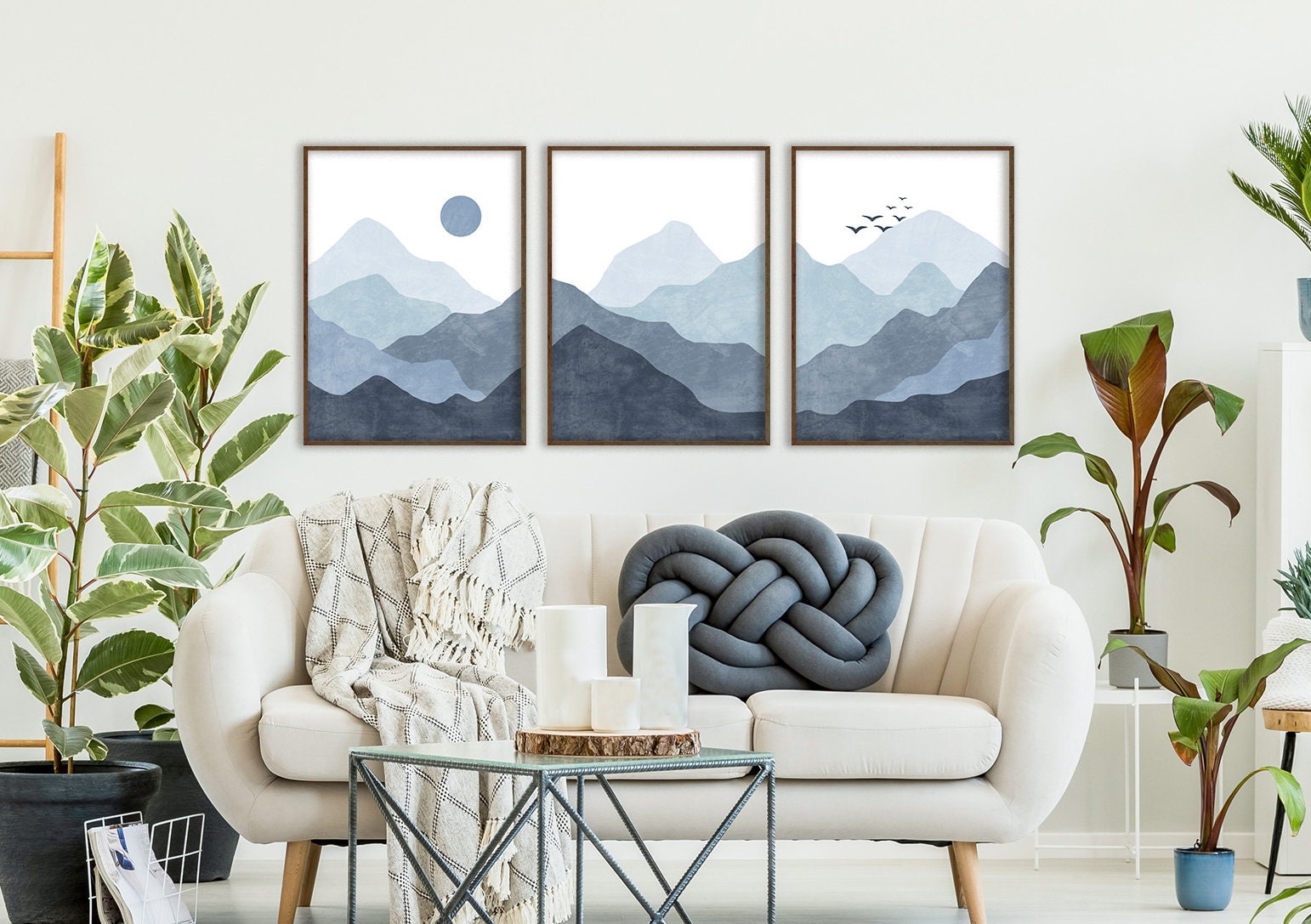 Blue mountains wall art set of 3 prints Navy blue abstract | Etsy