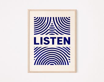 Listen Typography Poster, Minimalist Retro Sci-Fi Print, Navy Blue Abstract Print
