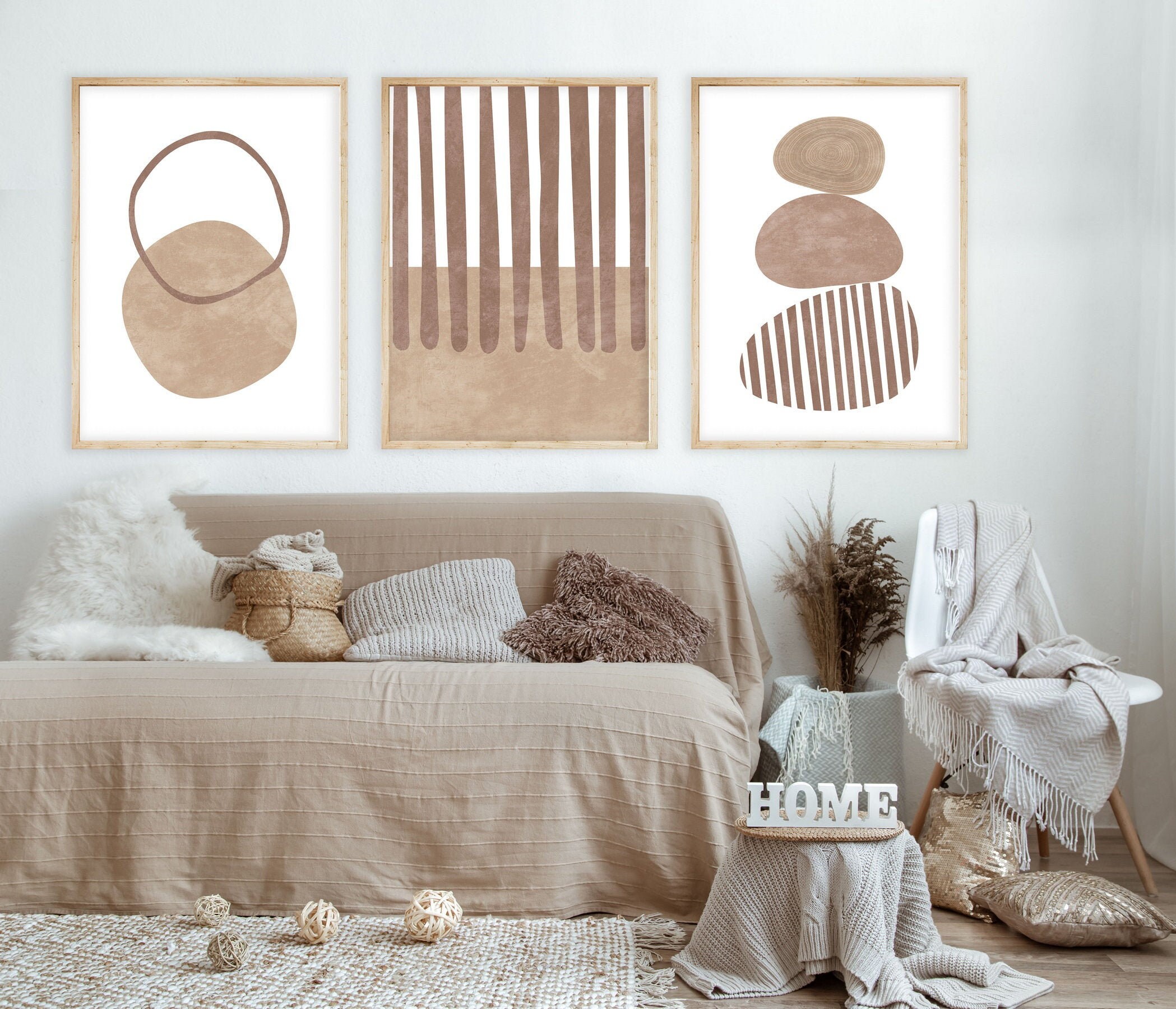 Boho art set of 3 prints Neutral wall art Brown beige Etsy España