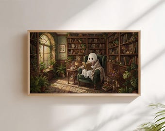 Cozy Ghost Reading Halloween Frame TV Art, Vintage Library Cottagecore Digital Download, Spooky Autumn Decor for Samsung TV