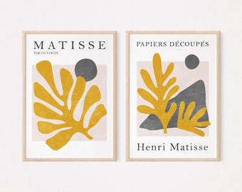 Matisse print set of 2, Grey and mustard yellow wall art, Modern exhibition poster, Abstract trendy wall art, Matisse cut outs, Printable