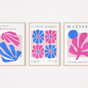Pink and blue wall art set of 3 prints, Flower market wall art, Matisse print, Trendy eclectic gallery art Printable